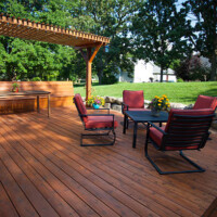 Backyard deck and pergola landscaping.